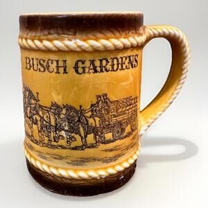 Vintage Busch Gardens Beer Stein Mug with Horses & Wagon 4.75” tall ceramic READ